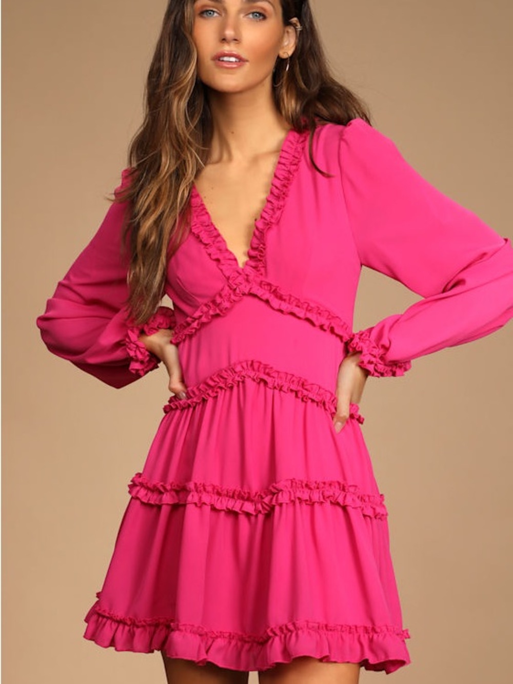 LULUS Simply Darling Magenta Ruffled Long Sleeve Vneck Mini Dress Small